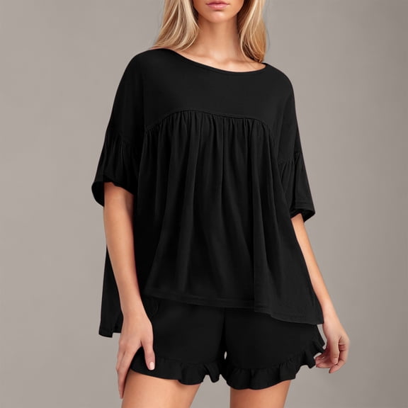 Htigea Summer Pajamas for Women 2 Piece, Short Sleeve Shirt and Pajama Shorts with Pockets, Womens Lounge Set Sale Black,XXL