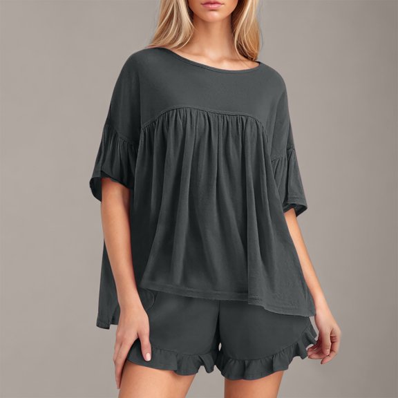 Htigea Summer Pajamas for Women 2 Piece, Short Sleeve Shirt and Pajama Shorts with Pockets, Womens Lounge Set Today Sales Dark Gray,S