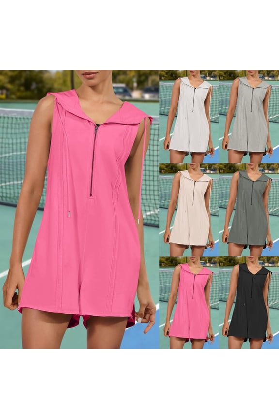 Summer Rompers for Women Sleeveless Short Half Zip Up Hooded Athletic Romper Jumpsuit Overalls with Pockets Black,2XL