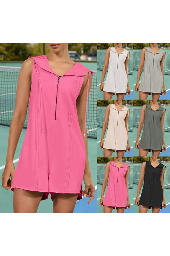 Summer Rompers for Women Sleeveless Short Half Zip Up Hooded Athletic Romper Jumpsuit Overalls with Pockets Today Sales White,M