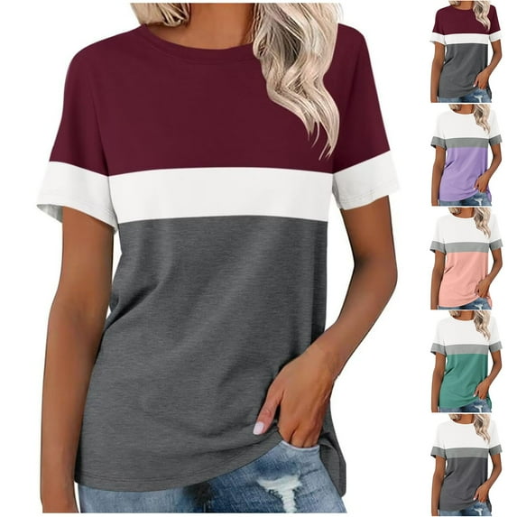 Htigea T Shirts for Women Striped Color Block Crewneck Short Sleeve Casual Summer Tops Lightweight Loose Blouses Gray,2XL