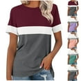 thumbnail image 1 of Htigea T Shirts for Women Striped Color Block Crewneck Short Sleeve Casual Summer Tops Lightweight Loose Blouses Purple,XL, 1 of 6