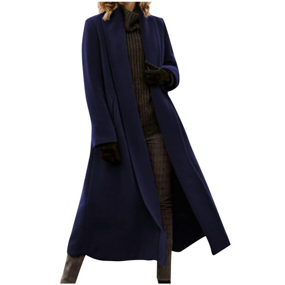 Htigea Trendy Peacoat for Women Solid Color Long Sleeve Lapel Collar Pocket Long Woolen Coat Oversized Casual Outerwear Fall Winter Blue,XXXXXL