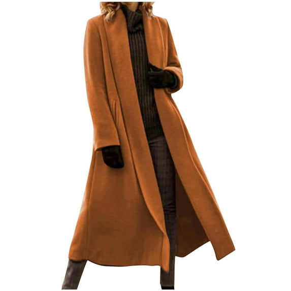 Htigea Clearance Trendy Peacoat for Women Solid Color Long Sleeve Lapel Collar Pocket Long Woolen Coat Oversized Casual Outerwear Fall Winter Today Sales Brown,M