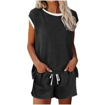 Htigea Two Piece Set for Women 2025 Summer Outfits Lounge Matching Sets Casual Shorts Sleeve Biker Short Set under $10.00 Black,M