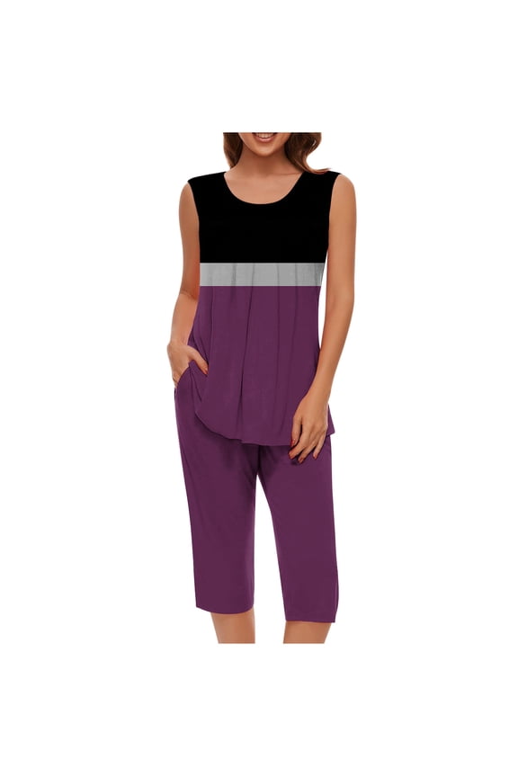 Htigea Two Piece Sets for Women Summer Outfits Lounge Sets Mock Neck Tops Wide Leg Crop Pants Vacation Travel Outfits Sale Purple,M
