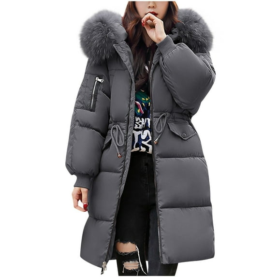 Htigea Clearance Winter Coats for Women Medium Women's Winter Mid Length Bread Jacket with Large Wool Collar Thickened Cotton Puffer Jackets with Hood Today Sales Dark Gray,L