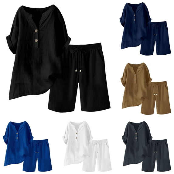 Htigea Women Casual 2 Piece Short Sets Summer Round Neck Solid Sleeveless Blouse Loose Cotton Linen Pockets Pants Shirts Sets under 10 dollars Black,S