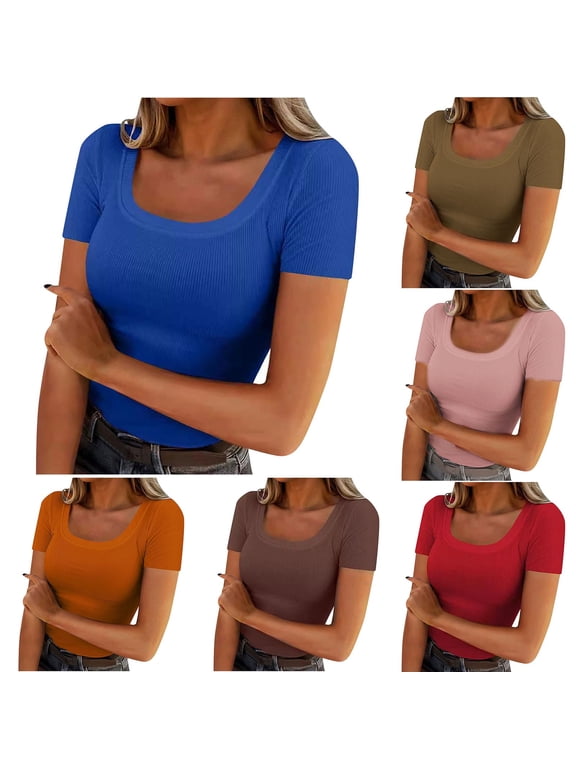 Htigea Women Crew Neck Ribbed Fitted Tight Tshirt Short Sleeve Shirt Basic Knit Top Sale Pink,M