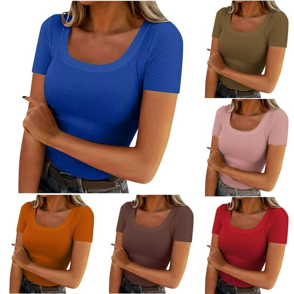 Htigea Women Crew Neck Ribbed Fitted Tight Tshirt Short Sleeve Shirt Basic Knit Top Today Sales Red,XXL