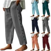 HTIGEA CLEARANCE Women Linen Pants Lightweight Capri Pants with Lace Side Summer Casual Beach Drawstring Elastic Waist Trousers Fall Savings Blue XL
