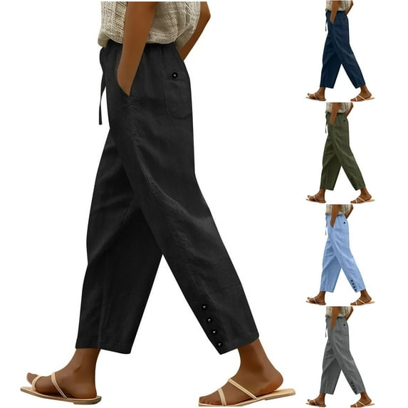 Htigea Women Linen Pants Lightweight Capri Pants with Lace Side Summer Casual Beach Drawstring Elastic Waist Trousers Today Deals Blue M