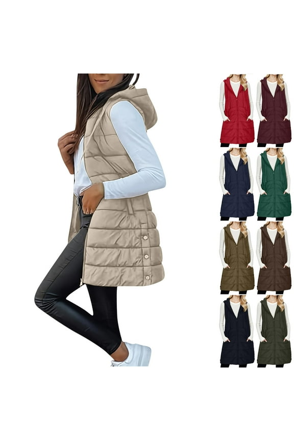 Htigea Women Long Vest Solid Color Sleeveless Hood Winter Puffer Vest Outwear Beige S