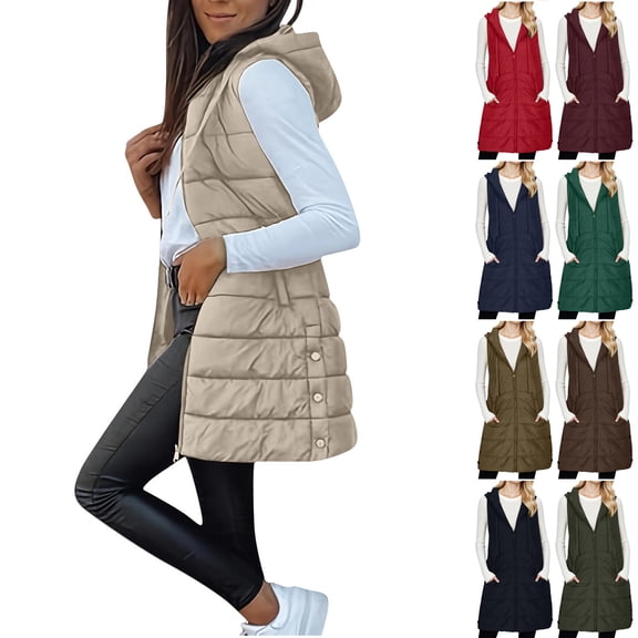 Htigea Women Long Vest Solid Color Sleeveless Hood Winter Puffer Vest Outwear Navy M