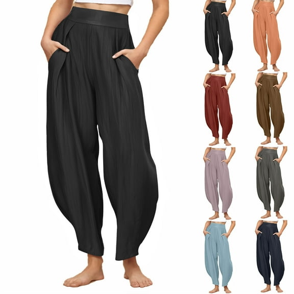 Htigea Women Pants Wide Leg Pants Casual Loose Baggy Elastic Waist Beach Palazzo Harem Pants Sale Brown L