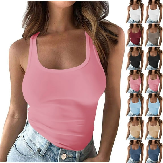 Htigea Women Spaghetti Strap Scoop Neck Ribbed Tank Tops Slim Fitted Cotton Camisole Basic Sleeveless Layering Shirts Fall Savings Khaki,M