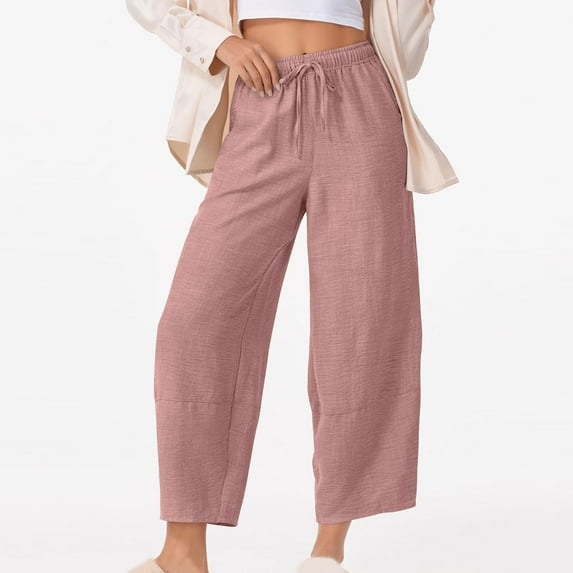 Htigea Women Summer Capri Pants Trousers Pants Drawstring Waist Wide Leg Casual Loose Fit Dressy Pants Fall Savings Pink L