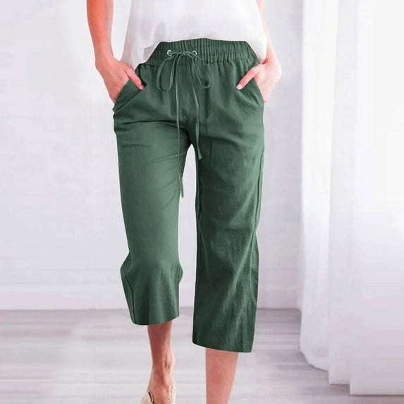 Htigea Women Summer Capri Pants Trousers Pants Drawstring Waist Wide Leg Casual Loose Fit Pants Sale Army Green XL