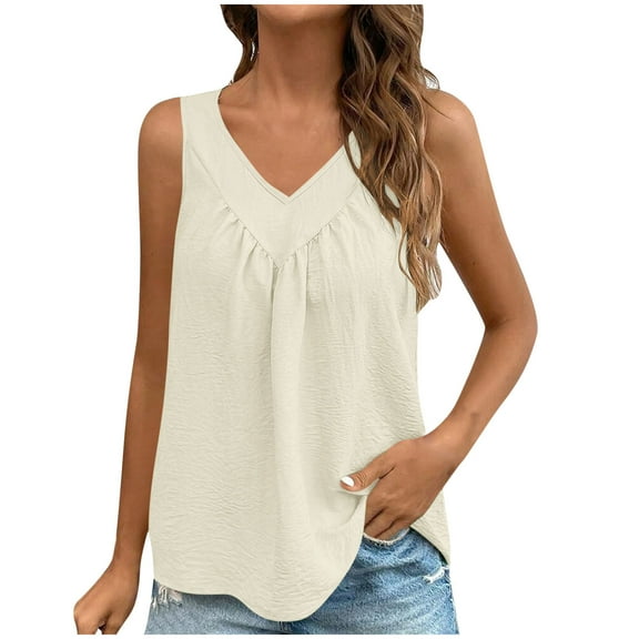 Htigea Women Summer V Neck Tank Top Loose Fit Flowy Sleeveless Shirt Vocation Daily Sale Beige,XL