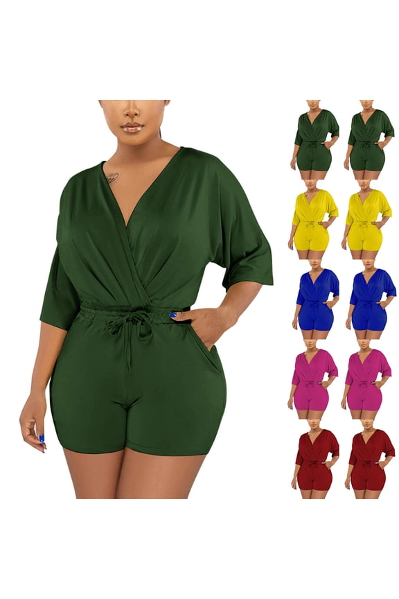 Women V-Neck Shorts Jumpsuit One Piece Bodysuit Pajama Rompers Overall Sleepwear Army Green,2XL