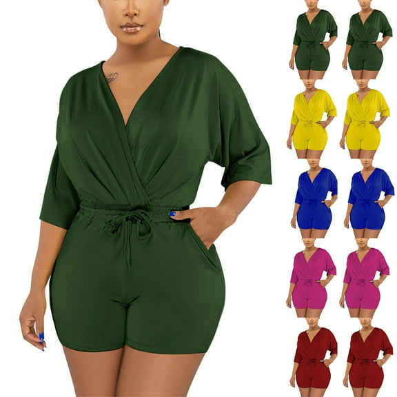Htigea Clearance Women V-Neck Shorts Jumpsuit One Piece Bodysuit Pajama Rompers Overall Sleepwear Blue,L