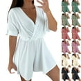 thumbnail image 1 of Htigea Clearance Women V-Neck Shorts Jumpsuit One Piece Bodysuit Pajama Shorts Sleeve Rompers Overall Green,XL, 1 of 7