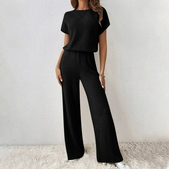 Htigea Women's 2 two Piece Outfits Sweater Sets Casual Loose Knit Crewneck Short Sleeve Tops Wide Leg Pants Sale Black,S