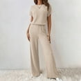 thumbnail image 1 of Htigea Women's 2 two Piece Outfits Sweater Sets Casual Loose Knit Crewneck Short Sleeve Tops Wide Leg Pants Fall Savings Beige,L, 1 of 6