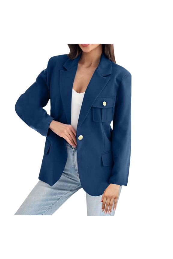 Clearance Women's 2025 Fall Business Casual Blazers Long Sleeve Notch Lapel Trendy Work Office Blazer Jackets Outerwear with Pockets Today Sales Blue,XL