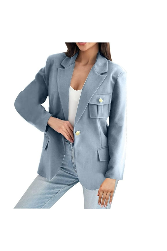 Women's 2025 Fall Business Casual Blazers Long Sleeve Notch Lapel Trendy Work Office Blazer Jackets Outerwear with Pockets Today Sales Sky Blue,XXL
