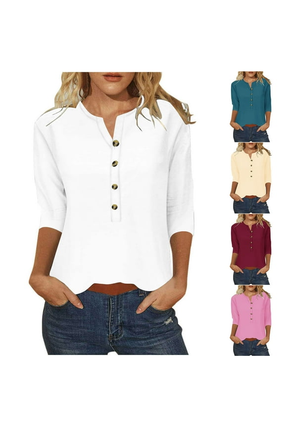 Htigea Women's 3/4 Sleeve T-Shirts Crew Neck Buttons Cute Casual Tunic Tops Basic Tees Blouses Loose Fit Pullover 2025 Today Army Green,XL