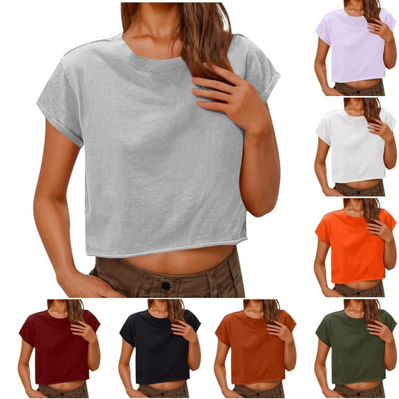 Htigea Clearance Women's Basic Crop Top Drop Shoulder T Shirt Half Sleeve Cropped Tee Crewneck Short Sleeve Casual Summer Solid Crop Tops Today Sales White,S
