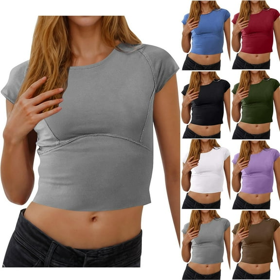 Htigea Women's Basic Teen Tee Workout Crewneck Short Sleeve Slim Fitted Casual Crop Top Today Sales Army Green,S