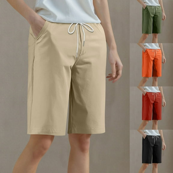 Htigea Clearance Women's Bermuda Shorts Knee Length with Pockets High Waisted Athletic Long Shorts for Casual Walking Running Yoga Black,XL