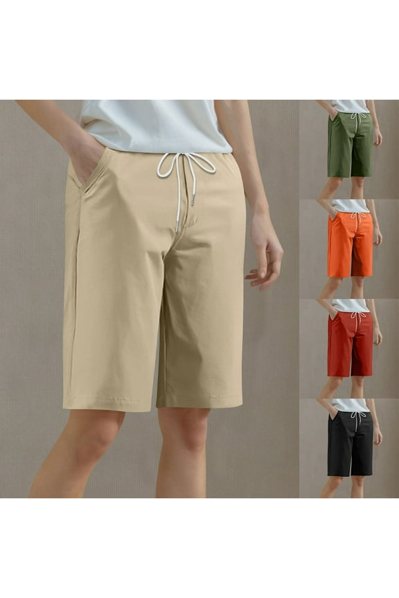 Women's Bermuda Shorts Knee Length with Pockets High Waisted Athletic Long Shorts for Casual Walking Running Yoga Khaki,L