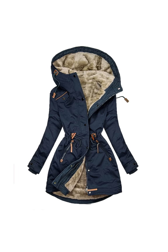 Women's Breasted Trench Coats Mid-Length Fleece Lined Overcoat Long Dress Jacket Travel Belted Wool Pea Winter Outerwear with Hood Dark Blue,S