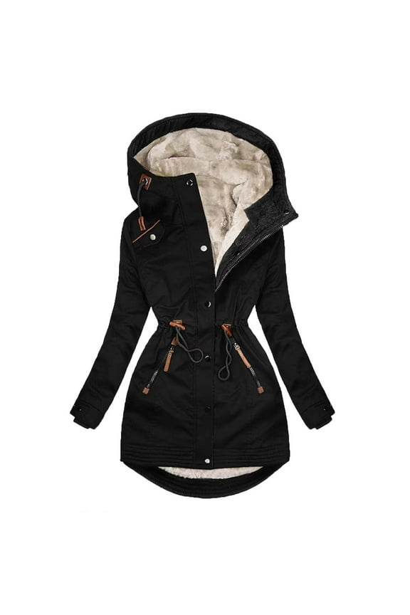 Women's Breasted Trench Coats Mid-Length Fleece Lined Overcoat Long Dress Jacket Travel Belted Wool Pea Winter Outerwear with Hood Today Black,XXXL