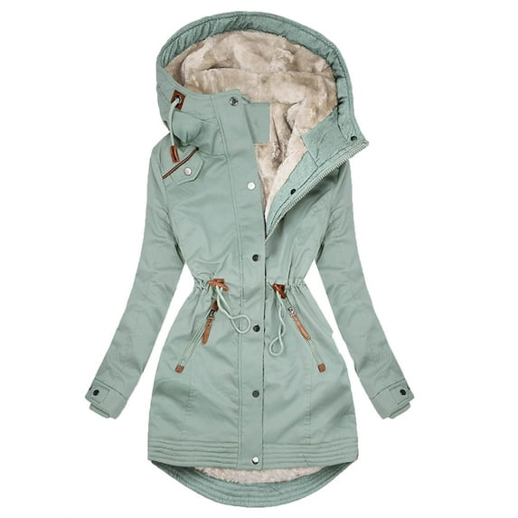 Htigea Clearance Women's Breasted Trench Coats Mid-Length Fleece Lined Overcoat Long Dress Jacket Travel Belted Wool Pea Winter Outerwear with Hood Today Sales Green,L