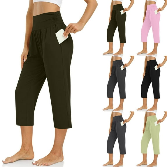 Htigea Clearance Women's Capri Pants Summer Loose Yoga Pants Comfy Workout Cropprd Pants with Pockets Today Deals Black,L