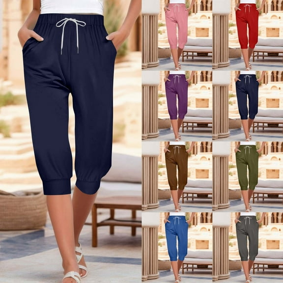 Htigea Clearance Women's Capri Yoga Pants Loose Soft Drawstring Workout Sweatpants Causal Lounge Pants with Pockets Today Sales Dark Blue,S