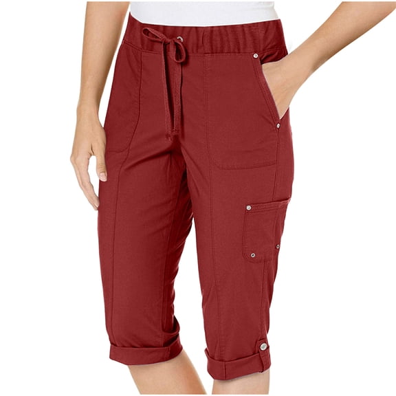 Htigea Clearance Women's Cargo Capris Pants Loose Fit Casual Hiking Pants Lightweight Travel Summer Pants for Women Today Sales Red,L