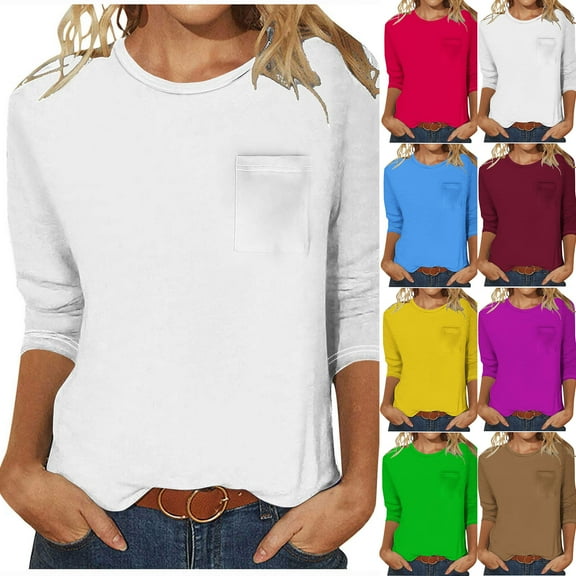 Htigea Women's Casual 3/4 Sleeve T-Shirts Round Neck Tunic Tops Basic Tees Blouses Loose Fit Pullover Sale Hot Pink,S