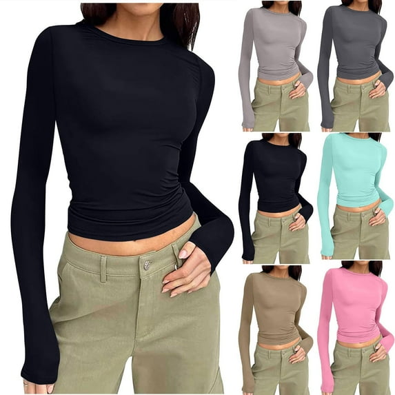 Htigea Clearance Women's Casual Basic Going Out Crop Tops Slim Fit Short Sleeve Crew Neck Tight T Shirts Today Sales Black,XL