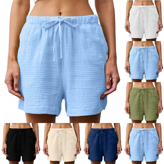 Htigea Clearance Women's Casual Linen Shorts Comfy Elastic Waist Summer Lightweight Wide Leg Shorts with Pockets Today Sales White,XL