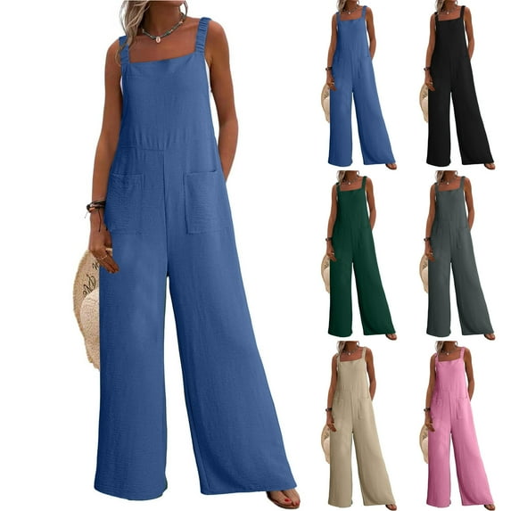 Htigea Women's Casual Loose Overalls Jumpsuits One Piece Sleeveless Wide Leg Long Pant Rompers With Pockets Fall Savings Gray 2XL