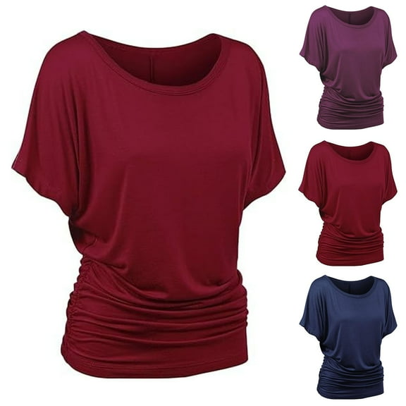 Htigea Women's Casual Solid Short Sleeve Boat Neck/V Neck Top T Shirt With Side Shirring Sale Navy,XL