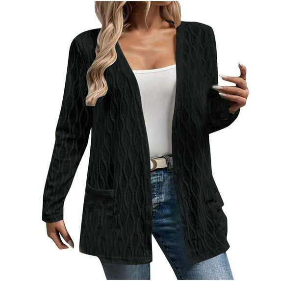 Htigea Clearance Women's Chunky Knit Open Front Sweater Long Sleeve Button Loose Short Cardigan Outerwear Coats with Pockets Black,M