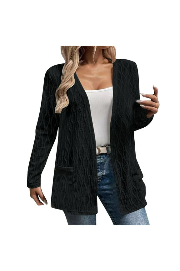 Htigea Women's Chunky Knit Open Front Sweater Long Sleeve Button Loose Short Cardigan Outerwear Coats with Pockets Black,S