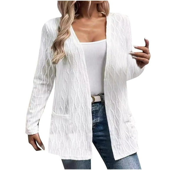 Htigea Clearance Women's Chunky Knit Open Front Sweater Long Sleeve Button Loose Short Cardigan Outerwear Coats with Pockets Today Sales White,L
