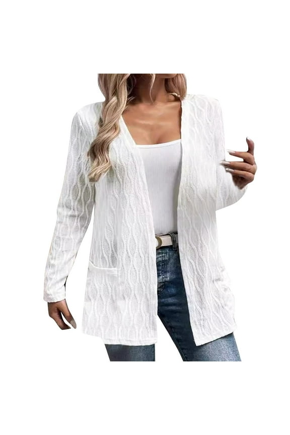 Clearance Women's Chunky Knit Open Front Sweater Long Sleeve Button Loose Short Cardigan Outerwear Coats with Pockets Today Sales White,L